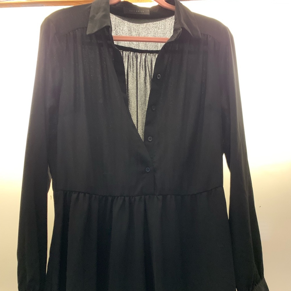 Suzy shier collar heavy polyester black dress. Button-up bodice
